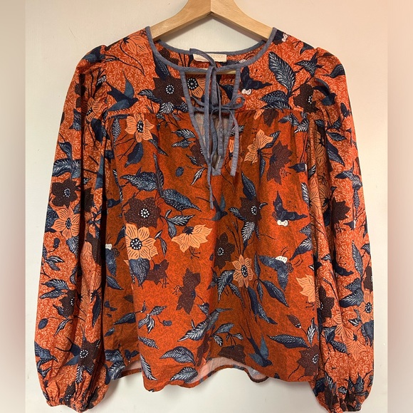 ULLA JOHNSON Joanie Blouse 4 Orange Floral Carmine pullover tie peasant birds - Picture 2 of 7